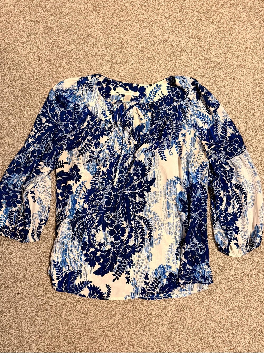 London Times White Blouse with Blue Floral Print